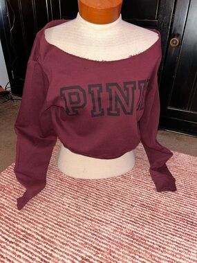 PINK Victoria's Secret Maroon Off-Shoulder Cropped Sweatshirt
